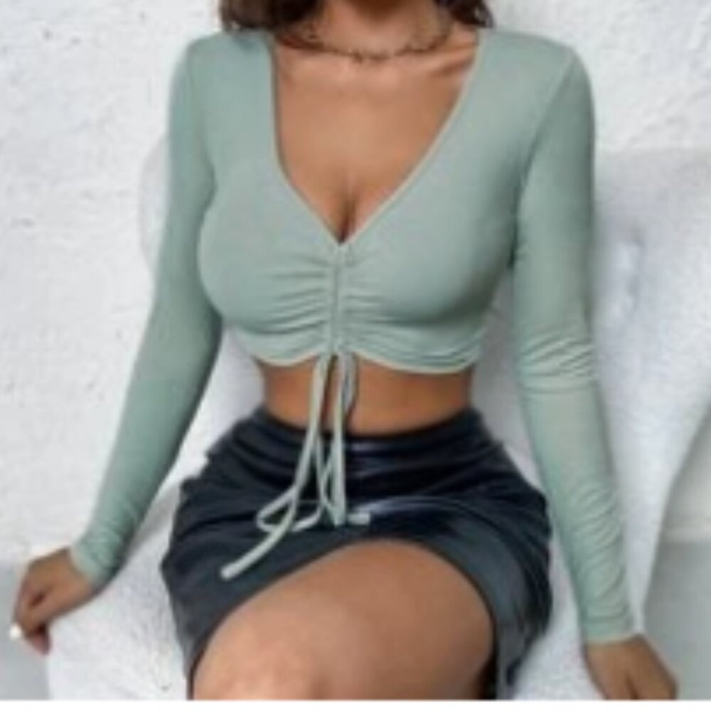 Plunging Neck Drawstring Ruched Front Crop Top